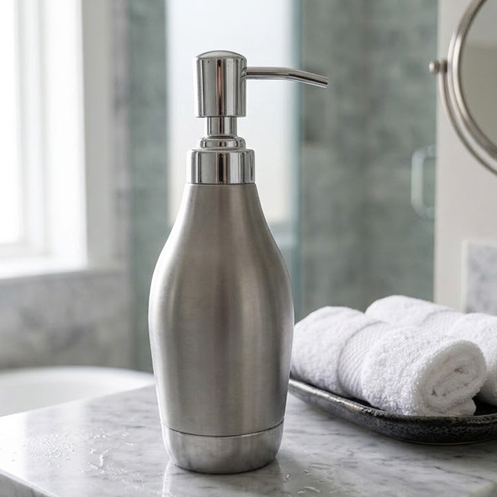 Modern Stainless Steel Soap Dispenser, 2.5" x 2.5" x 6.5", Brushed Stainless Steel Finish, Refillable Rust-Resistant Liquid Soap Pump for Bathroom & Kitchen Countertops