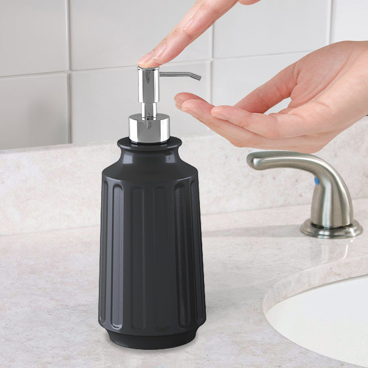 Stainless Steel Soap Dispenser, 3" x 3" x 8", Black Powder-Coated Finish, Refillable Bathroom & Kitchen Liquid Soap Pump, Rust-Resistant Countertop Soap Dispenser