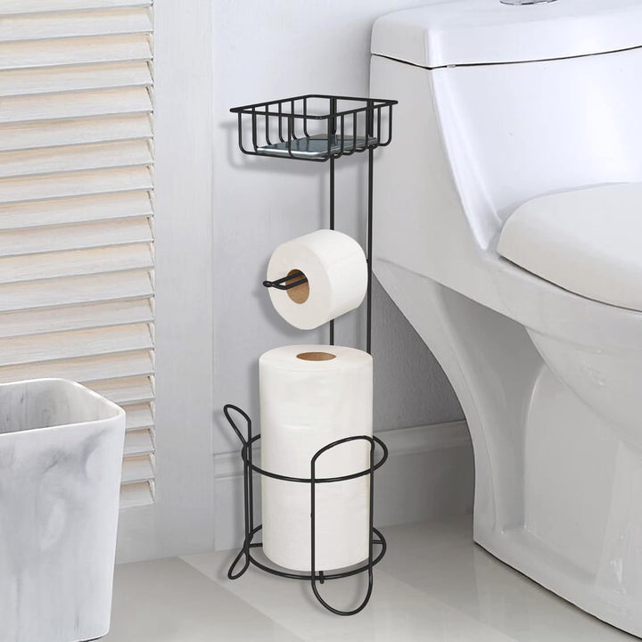 Toilet Paper Roll Holder | Freestanding Metal Wire Toilet Paper Roll  Stand and Dispenser with Storage Shelf for Cell, Mobile Phone | Bathroom Storage Organization | Holds 3 Mega Rolls | Black