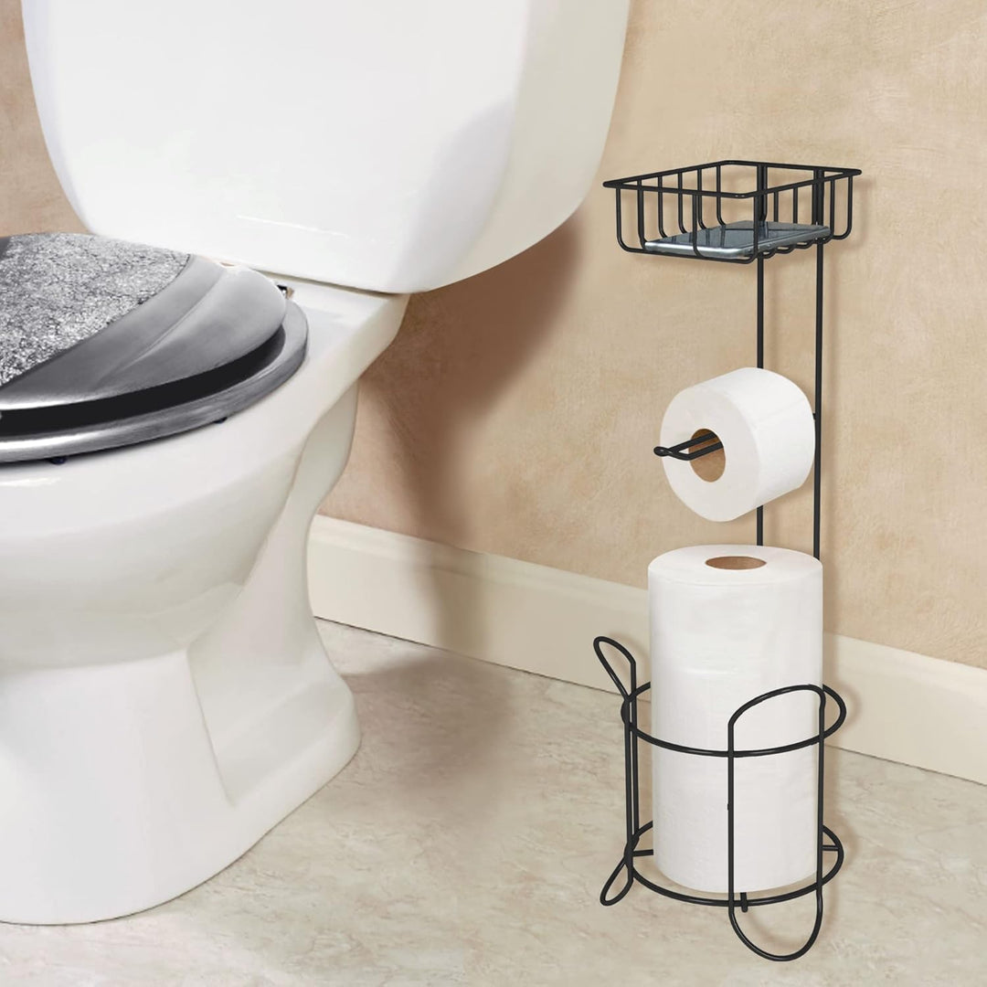 Toilet Paper Roll Holder | Freestanding Metal Wire Toilet Paper Roll  Stand and Dispenser with Storage Shelf for Cell, Mobile Phone | Bathroom Storage Organization | Holds 3 Mega Rolls | Black