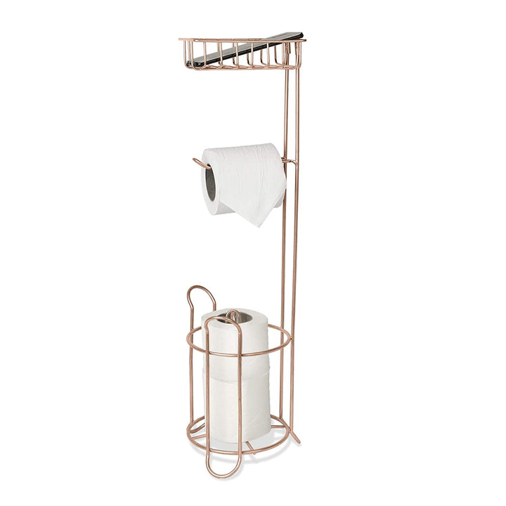 Freestanding Metal Wire Toilet Paper Roll Holder Stand and Dispenser with Storage Shelf for Cell, Mobile Phone | Bathroom Storage Organization | Holds 3 Mega Rolls |  Copper Finish