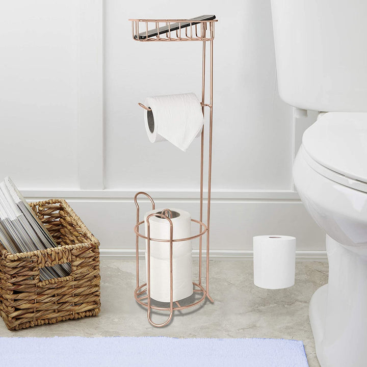 Freestanding Metal Wire Toilet Paper Roll Holder Stand and Dispenser with Storage Shelf for Cell, Mobile Phone | Bathroom Storage Organization | Holds 3 Mega Rolls |  Copper Finish