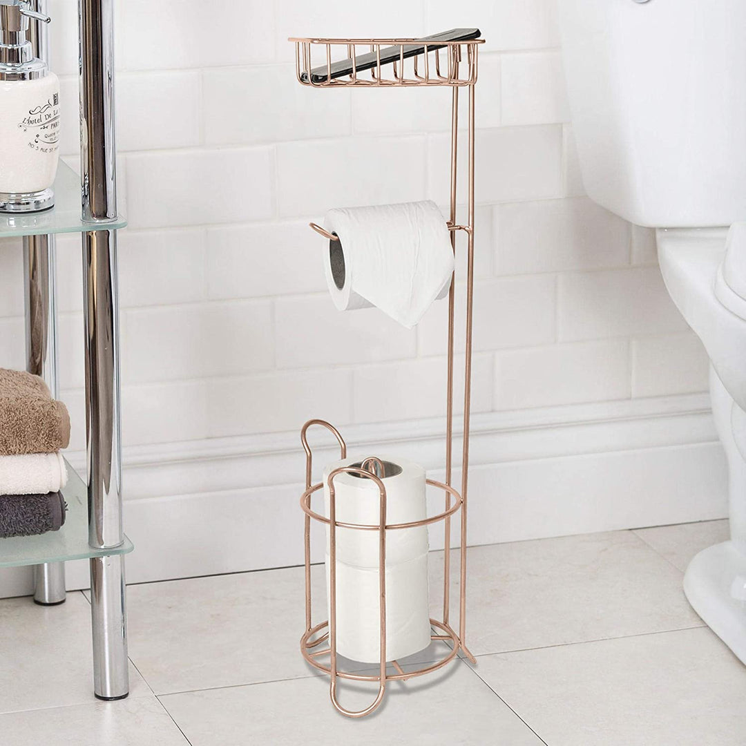 Freestanding Metal Wire Toilet Paper Roll Holder Stand and Dispenser with Storage Shelf for Cell, Mobile Phone | Bathroom Storage Organization | Holds 3 Mega Rolls |  Copper Finish
