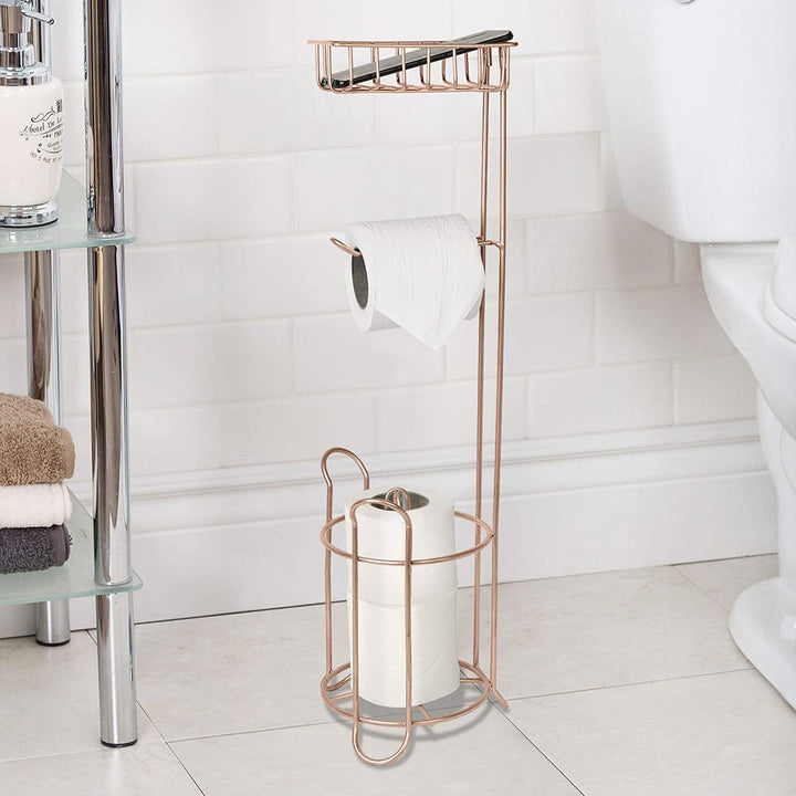 Freestanding Metal Wire Toilet Paper Roll Holder Stand and Dispenser with Storage Shelf for Cell, Mobile Phone | Bathroom Storage Organization | Holds 3 Mega Rolls |  Copper Finish