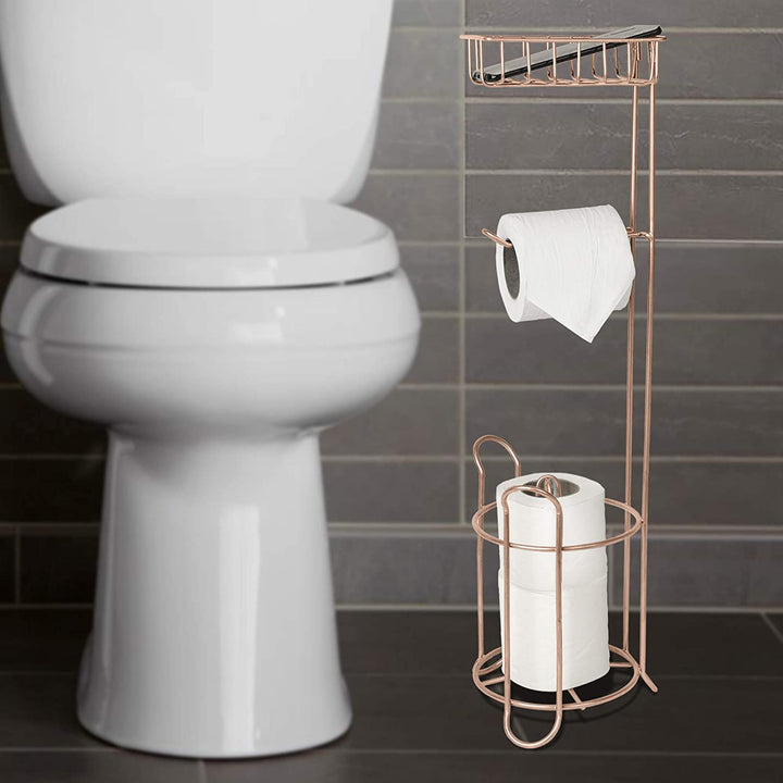 Freestanding Metal Wire Toilet Paper Roll Holder Stand and Dispenser with Storage Shelf for Cell, Mobile Phone | Bathroom Storage Organization | Holds 3 Mega Rolls |  Copper Finish