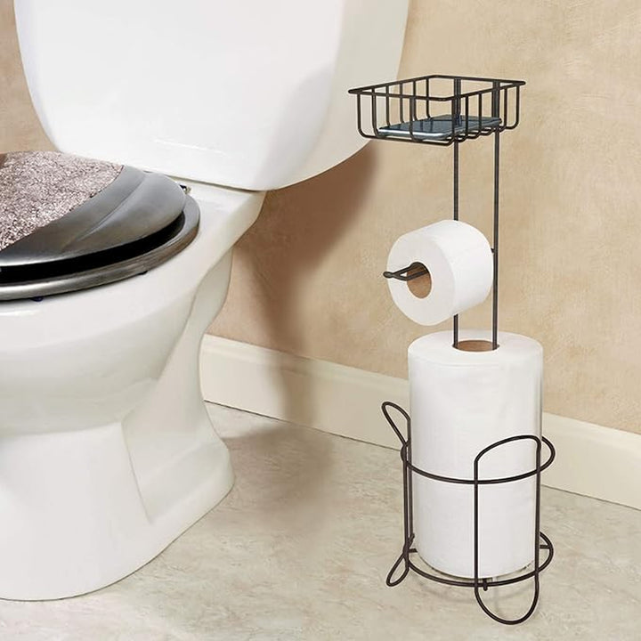 Freestanding Metal Wire Toilet Paper Roll Holder Stand and Dispenser with Storage Shelf for Cell, Mobile Phone | Bathroom Storage Organization | Holds 3 Mega Rolls | Oil Rubbed Bronze Finish