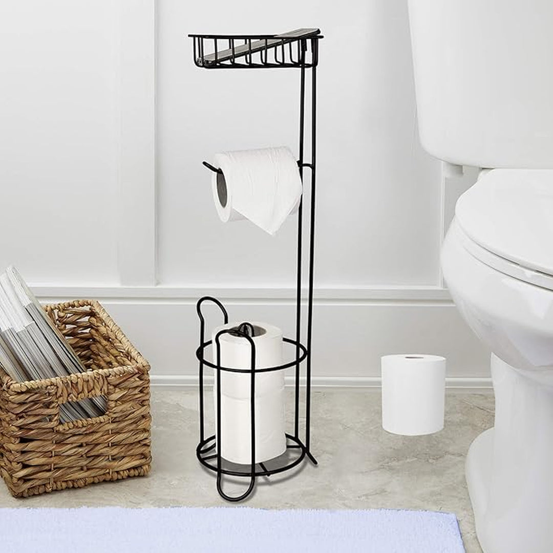 Freestanding Metal Wire Toilet Paper Roll Holder Stand and Dispenser with Storage Shelf for Cell, Mobile Phone | Bathroom Storage Organization | Holds 3 Mega Rolls | Oil Rubbed Bronze Finish