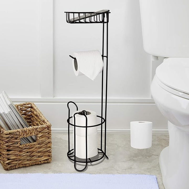 Freestanding Metal Wire Toilet Paper Roll Holder Stand and Dispenser with Storage Shelf for Cell, Mobile Phone | Bathroom Storage Organization | Holds 3 Mega Rolls | Oil Rubbed Bronze Finish