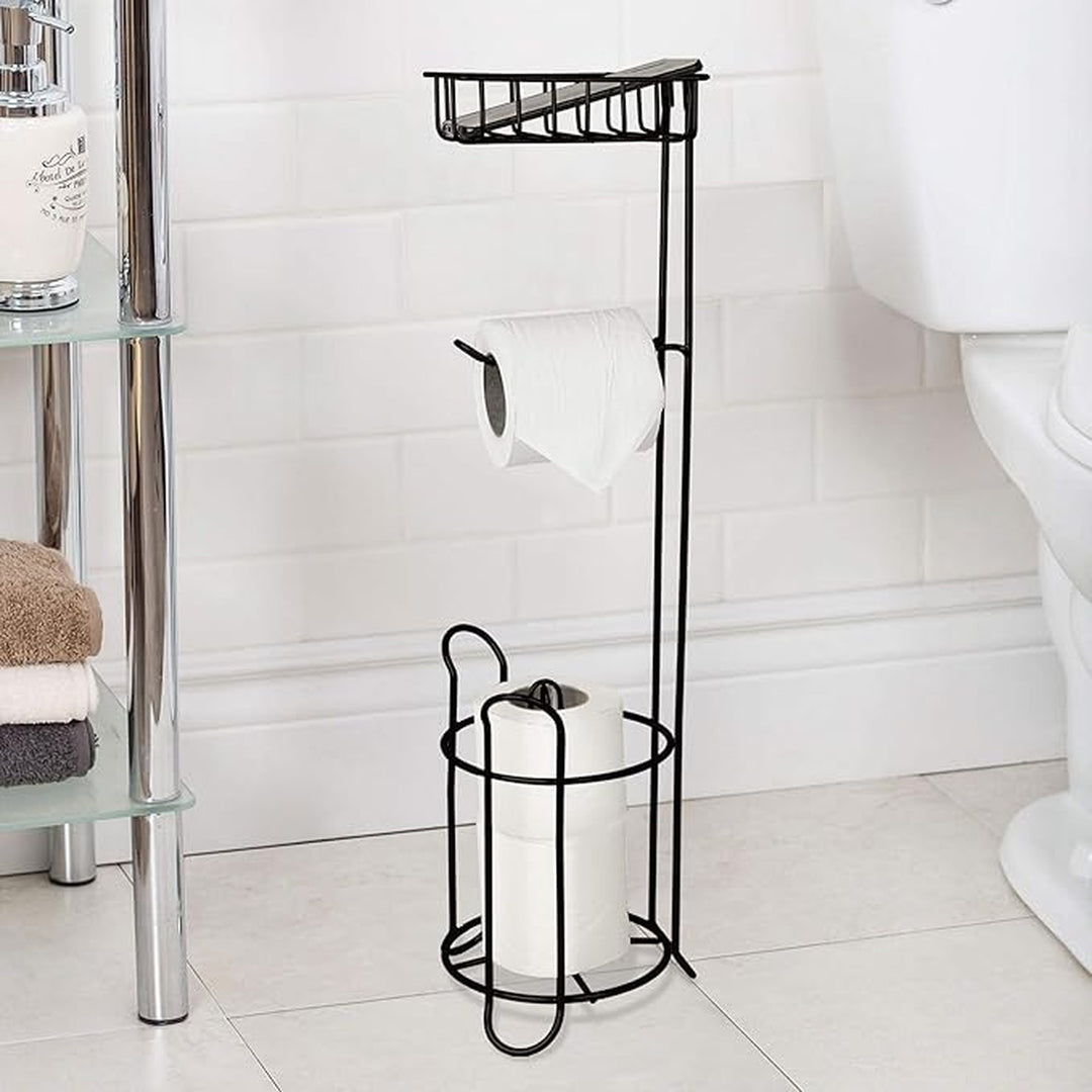 Freestanding Metal Wire Toilet Paper Roll Holder Stand and Dispenser with Storage Shelf for Cell, Mobile Phone | Bathroom Storage Organization | Holds 3 Mega Rolls | Oil Rubbed Bronze Finish