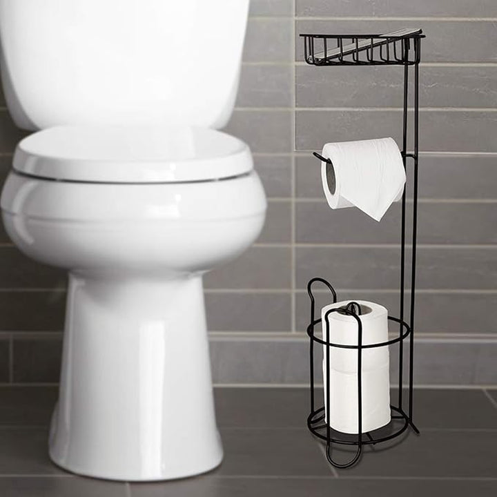 Freestanding Metal Wire Toilet Paper Roll Holder Stand and Dispenser with Storage Shelf for Cell, Mobile Phone | Bathroom Storage Organization | Holds 3 Mega Rolls | Oil Rubbed Bronze Finish