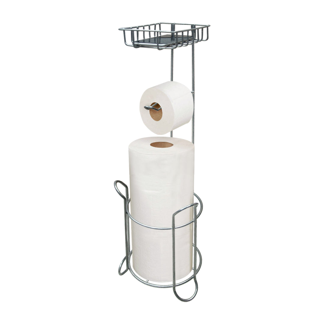 Freestanding Metal Wire Toilet Paper Roll Holder Stand and Dispenser with Storage Shelf for Cell, Mobile Phone | Bathroom Storage Organization | Holds 3 Mega Rolls | Silver Finish