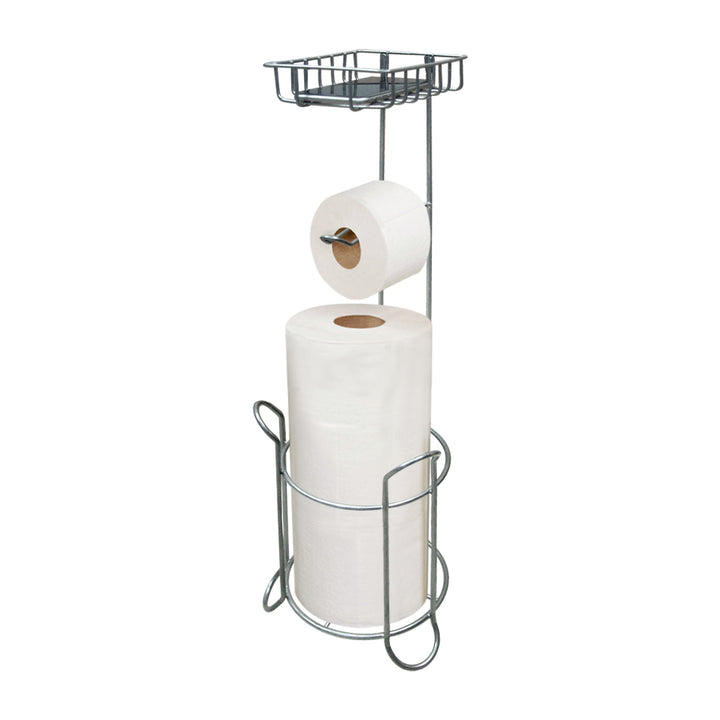 Freestanding Metal Wire Toilet Paper Roll Holder Stand and Dispenser with Storage Shelf for Cell, Mobile Phone | Bathroom Storage Organization | Holds 3 Mega Rolls | Silver Finish