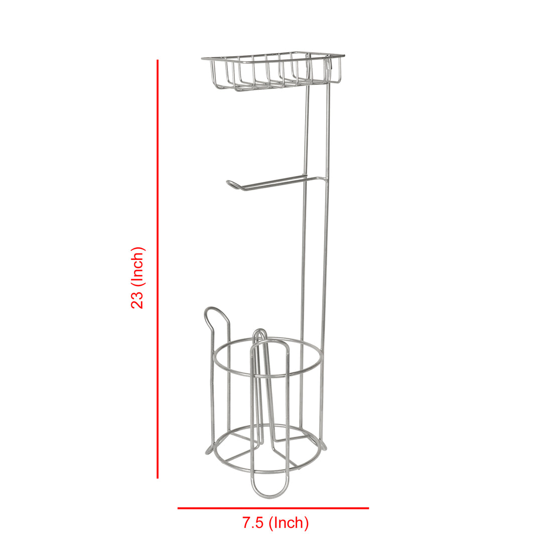 Freestanding Metal Wire Toilet Paper Roll Holder Stand and Dispenser with Storage Shelf for Cell, Mobile Phone | Bathroom Storage Organization | Holds 3 Mega Rolls | Silver Finish