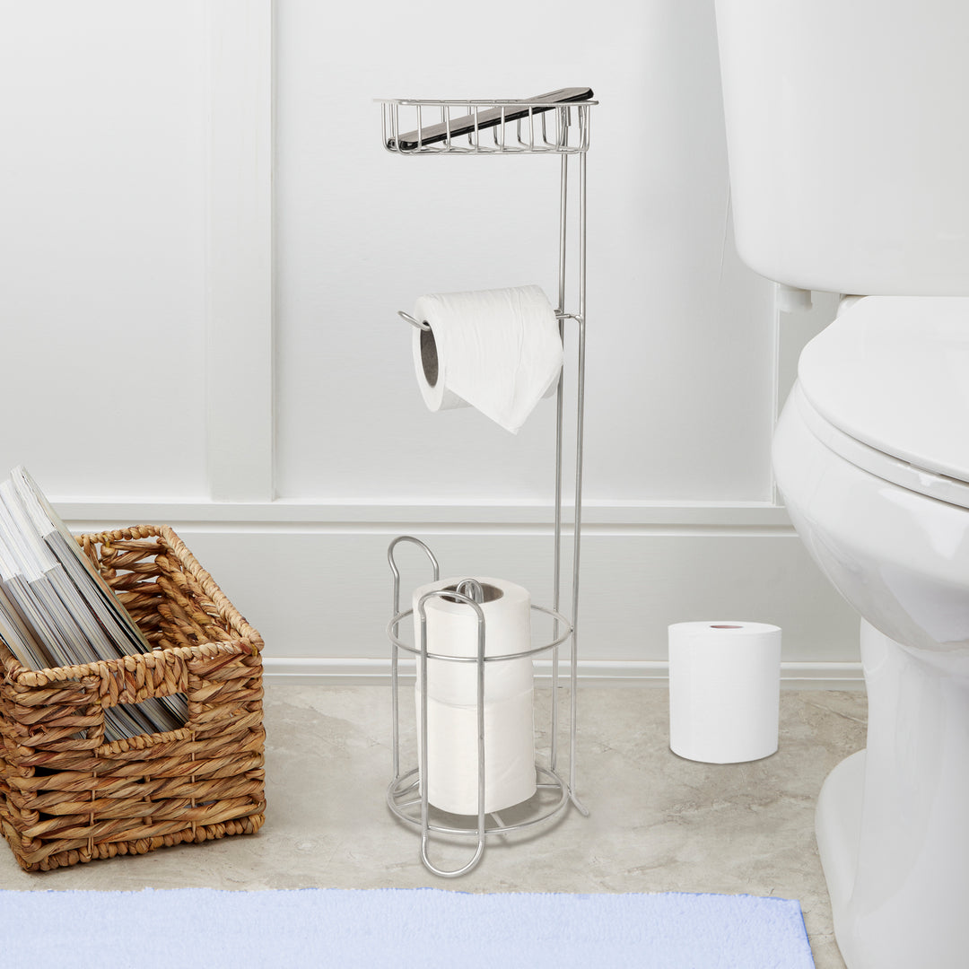 Freestanding Metal Wire Toilet Paper Roll Holder Stand and Dispenser with Storage Shelf for Cell, Mobile Phone | Bathroom Storage Organization | Holds 3 Mega Rolls | Silver Finish