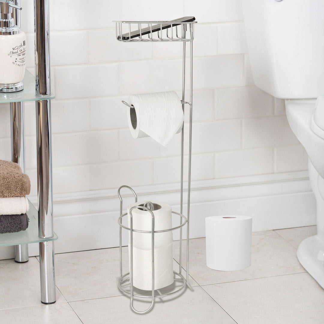 Freestanding Metal Wire Toilet Paper Roll Holder Stand and Dispenser with Storage Shelf for Cell, Mobile Phone | Bathroom Storage Organization | Holds 3 Mega Rolls | Silver Finish