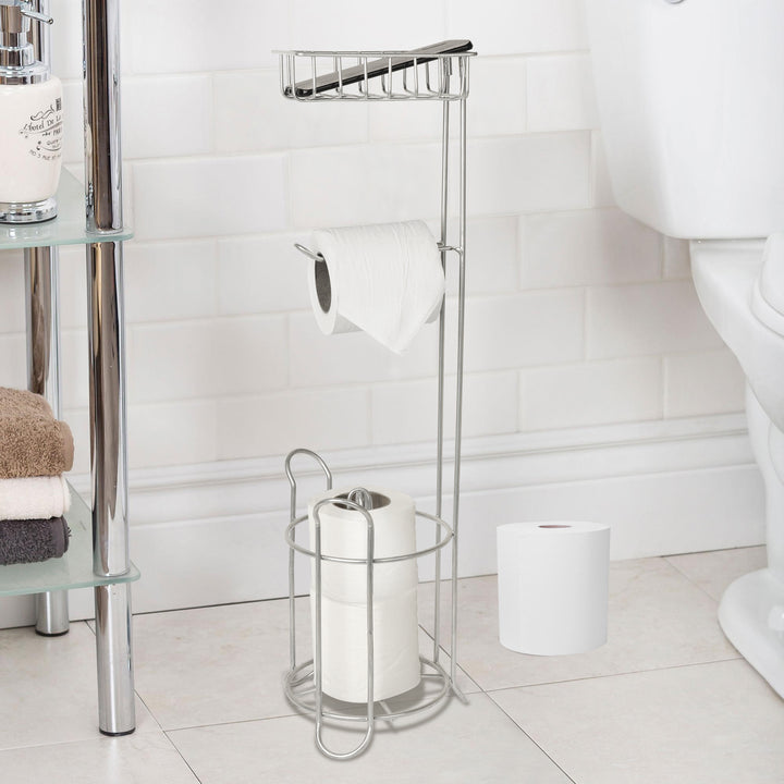Freestanding Metal Wire Toilet Paper Roll Holder Stand and Dispenser with Storage Shelf for Cell, Mobile Phone | Bathroom Storage Organization | Holds 3 Mega Rolls | Silver Finish