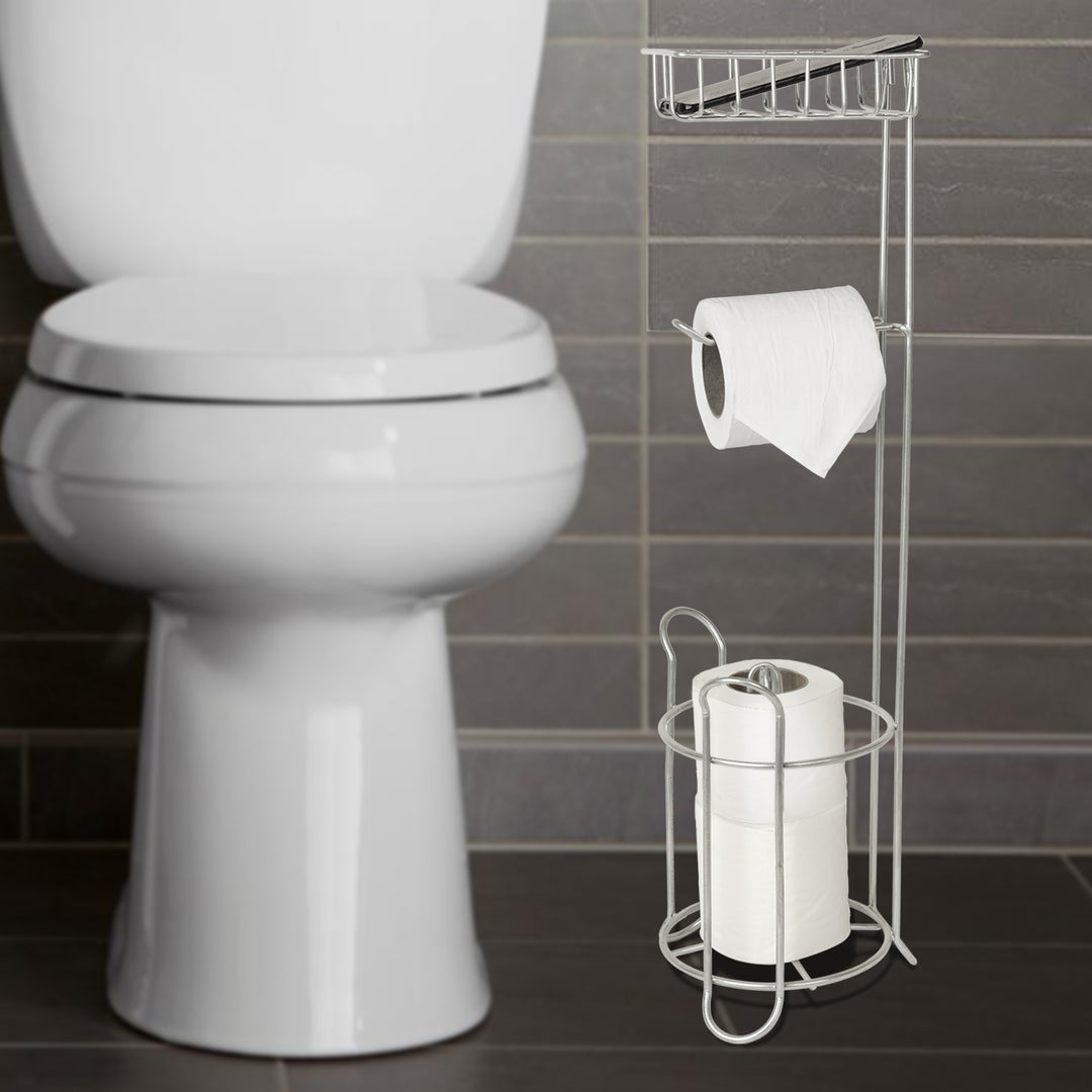 Freestanding Metal Wire Toilet Paper Roll Holder Stand and Dispenser with Storage Shelf for Cell, Mobile Phone | Bathroom Storage Organization | Holds 3 Mega Rolls | Silver Finish
