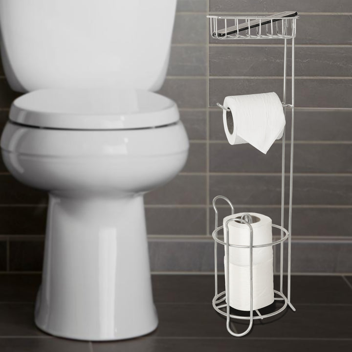 Freestanding Metal Wire Toilet Paper Roll Holder Stand and Dispenser with Storage Shelf for Cell, Mobile Phone | Bathroom Storage Organization | Holds 3 Mega Rolls | Silver Finish