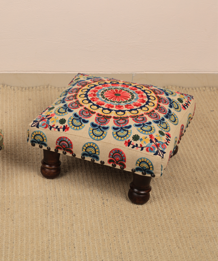 Mystic Mandala Foot Stool | Beige Cotton Fabric | 16 x 9"