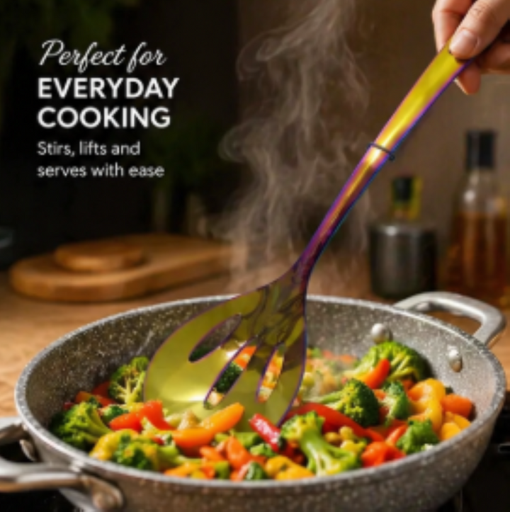 Crown Slotted Spoon | 1.8 mm Stainless Steel | Rainbow Gold Finish Kitchen Utensil