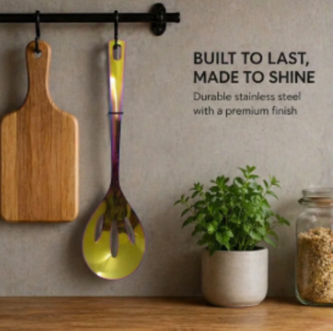 Crown Slotted Spoon | 1.8 mm Stainless Steel | Rainbow Gold Finish Kitchen Utensil