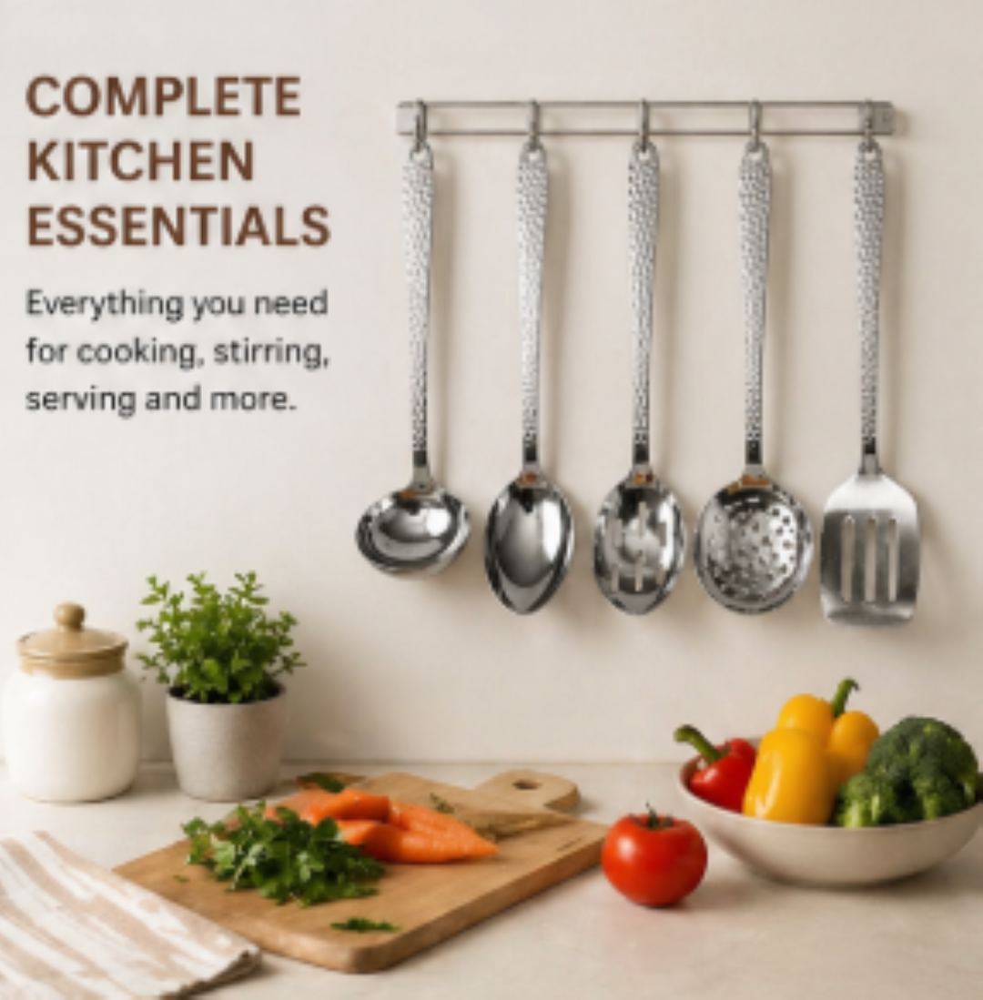 Stainless Steel Kitchen Tool Set of 5 | Slotted Spoon, Slotted Turner, Solid Spoon, Ladle & Skimmer | Shinny Finish