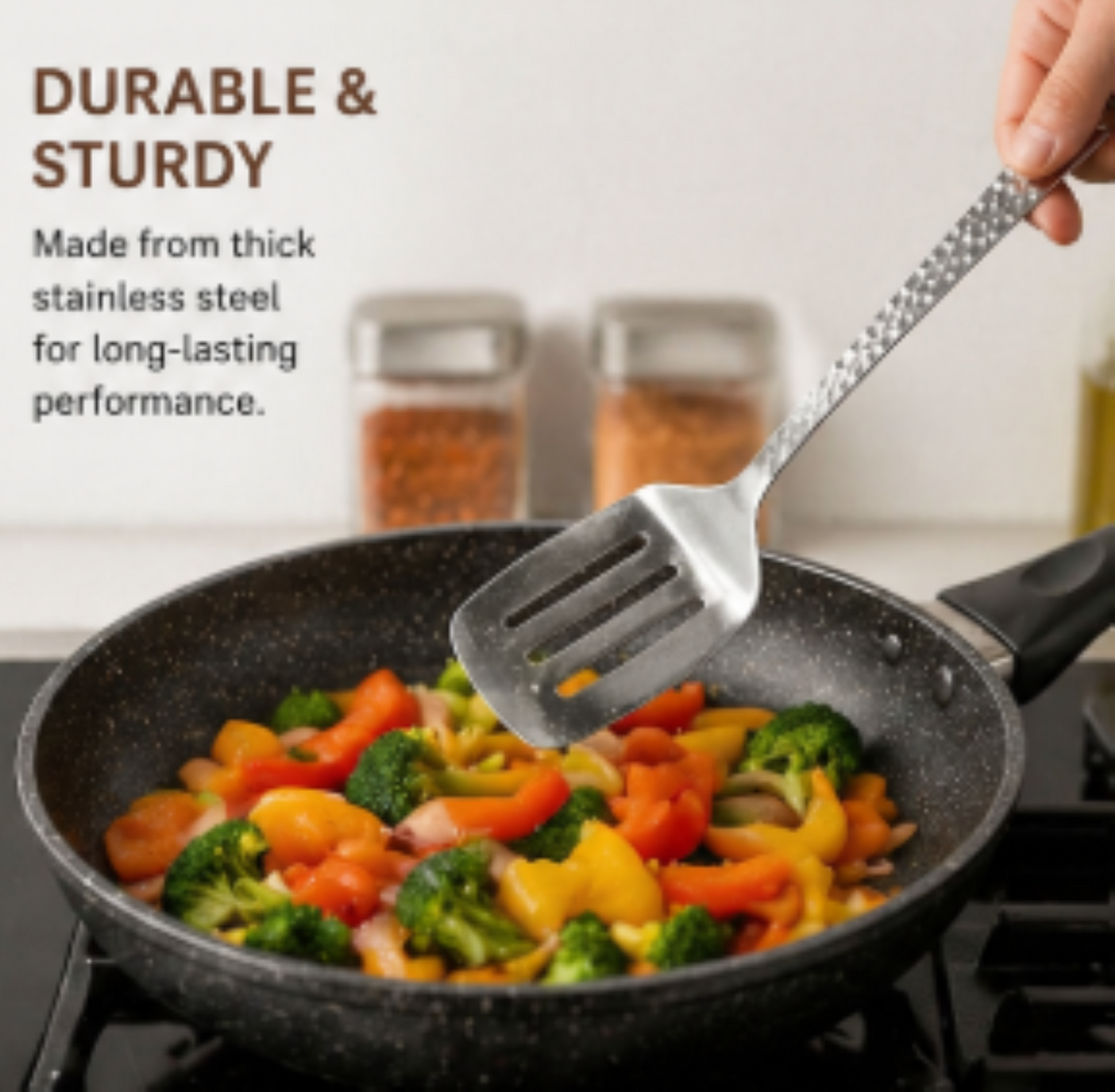 Stainless Steel Kitchen Tool Set of 5 | Slotted Spoon, Slotted Turner, Solid Spoon, Ladle & Skimmer | Shinny Finish