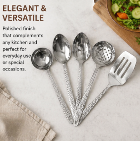 Stainless Steel Kitchen Tool Set of 5 | Slotted Spoon, Slotted Turner, Solid Spoon, Ladle & Skimmer | Shinny Finish