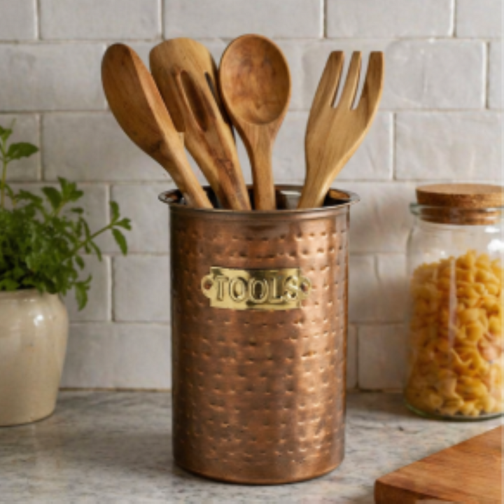 Kitchen Utensil Holder | Hammered Antique Copper Stainless Steel Tool Caddy, Flatware Caddy Organizer for Kitchen Countertop