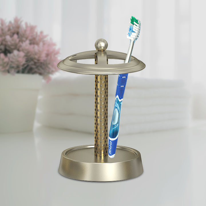 Metal Toothbrush Holder | Compact Multi-Slot Holder for Toothbrushes,Razors & Makeup Accessories | Pewter/Gold