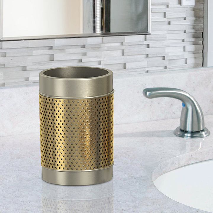 Stainless Steel Bathroom Tumbler Cup | Decorative Rinse Cup,Drinking Glass,Toothbrush & Makeup Brush Holder for Vanity Countertops,Sink & Desk | Pewter/Gold