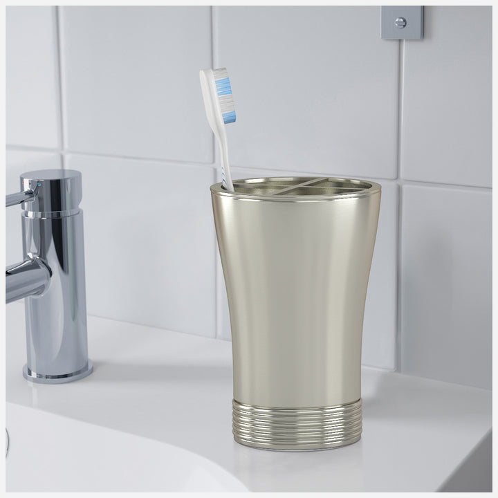 Metal Toothbrush Holder | Compact Multi-Slot Holder for Toothbrushes,Razors & Makeup Accessories | Pewter
