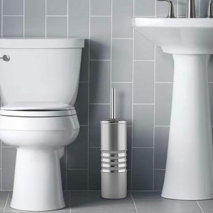 Stainless Steel Toilet Brush Holder | Round Shape | Hammered Silver Finish | Comes with a Complete Plastic Liner Inside to Prevent Dripping