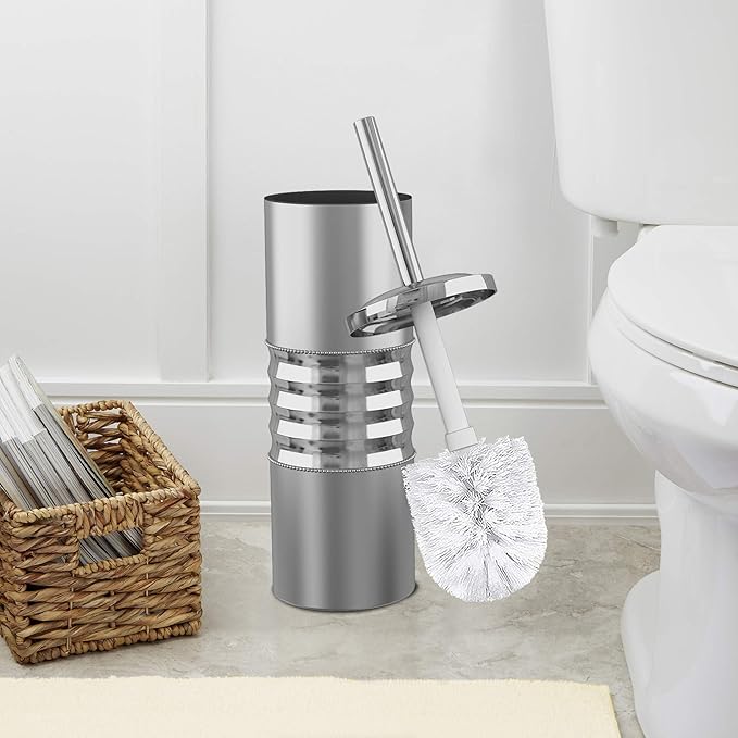 Stainless Steel Toilet Brush Holder | Round Shape | Hammered Silver Finish | Comes with a Complete Plastic Liner Inside to Prevent Dripping