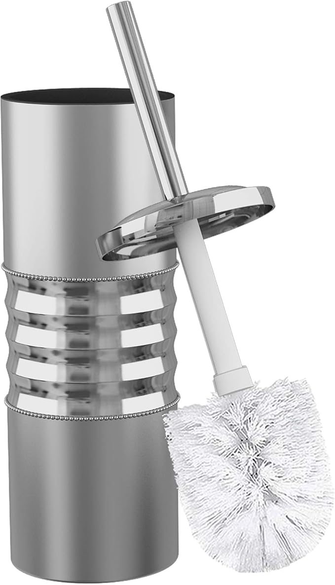 Stainless Steel Toilet Brush Holder | Round Shape | Hammered Silver Finish | Comes with a Complete Plastic Liner Inside to Prevent Dripping
