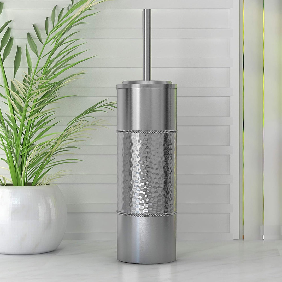 Stainless Steel Hammered Toilet Brush Holder for Bathroom Shiny Finish Comes with a Complete Plastic Liner Inside to Prevent Dripping
