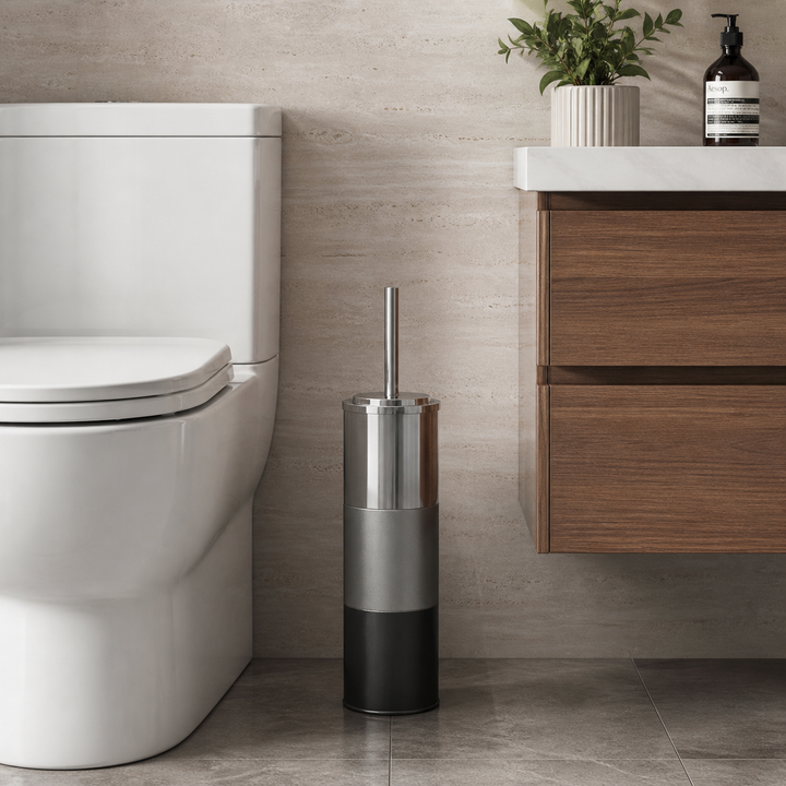 Stainless Steel Toilet Brush Holder for Bathroom 3 Tone platinum Finish Comes with a Complete Plastic Liner Inside to Prevent Dripping