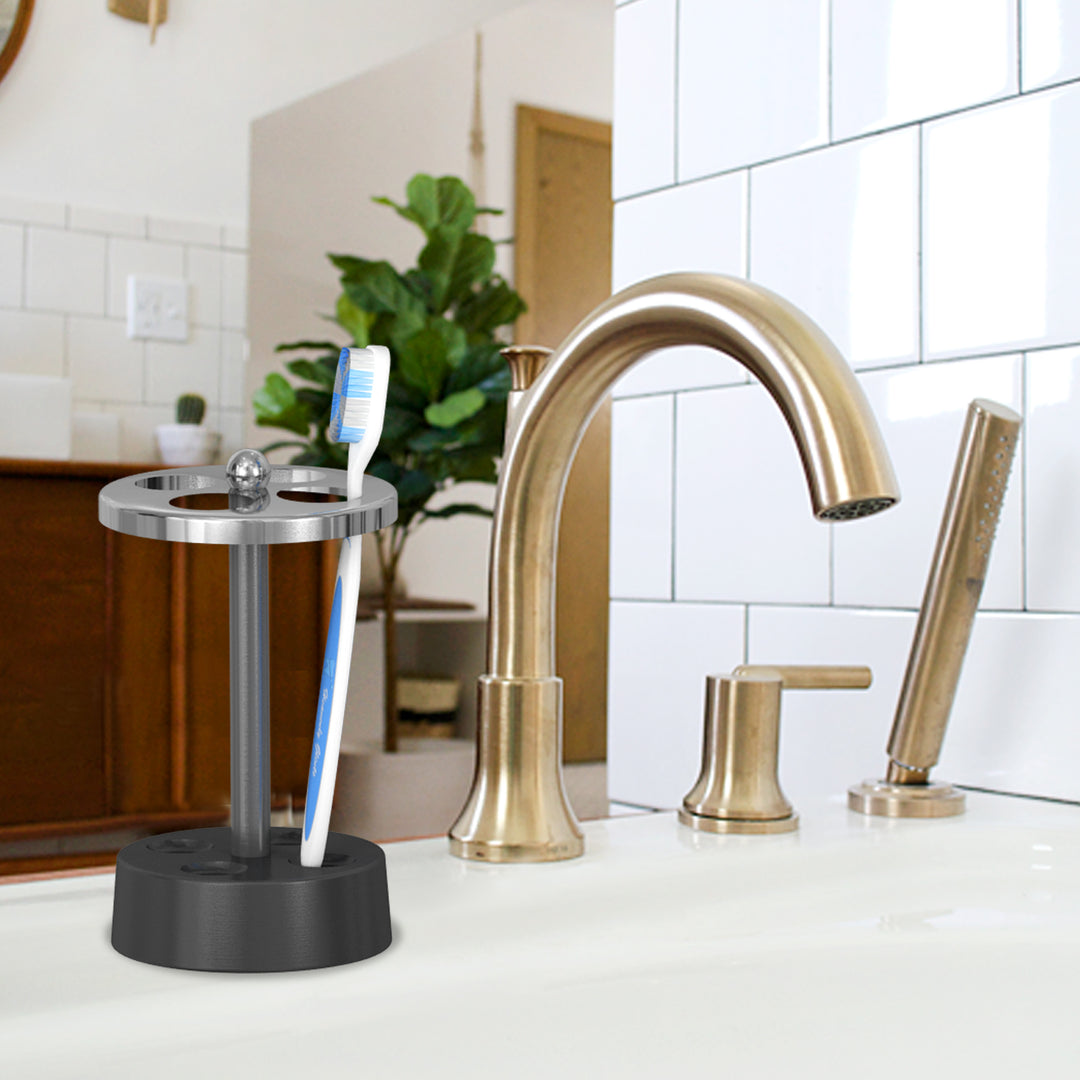 Triune 3-Tone Metal Toothbrush Holder | Compact Multi-Slot Holder for Toothbrushes,Razors & Makeup Accessories | Shiny,Brushed & Black Nickel