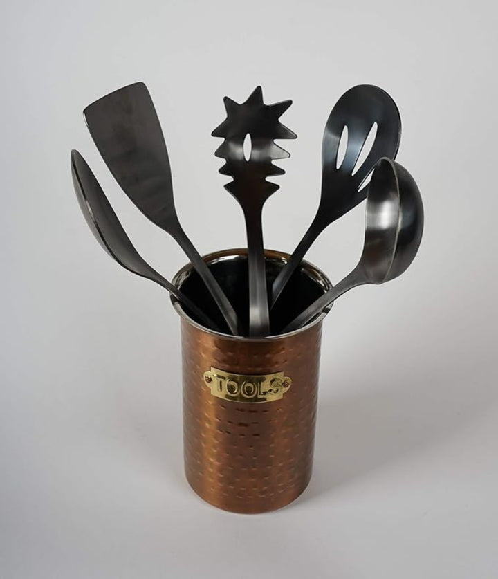 Kitchen Utensil Holder | Hammered Antique Copper Stainless Steel Tool Caddy, Flatware Caddy Organizer for Kitchen Countertop