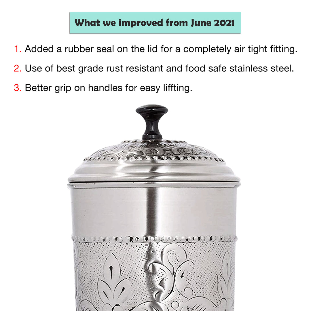 Embossed Stainless Steel Canister with Rubber Seal Lid | Antique Pewter Finish | Beautiful Food Storage Container for Kitchen Counter, Tea, Sugar, Coffee, Caddy, Flour Canister