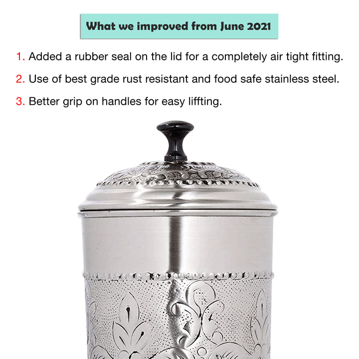 Embossed Stainless Steel Canister with Rubber Seal Lid | Antique Pewter Finish | Beautiful Food Storage Container for Kitchen Counter, Tea, Sugar, Coffee, Caddy, Flour Canister
