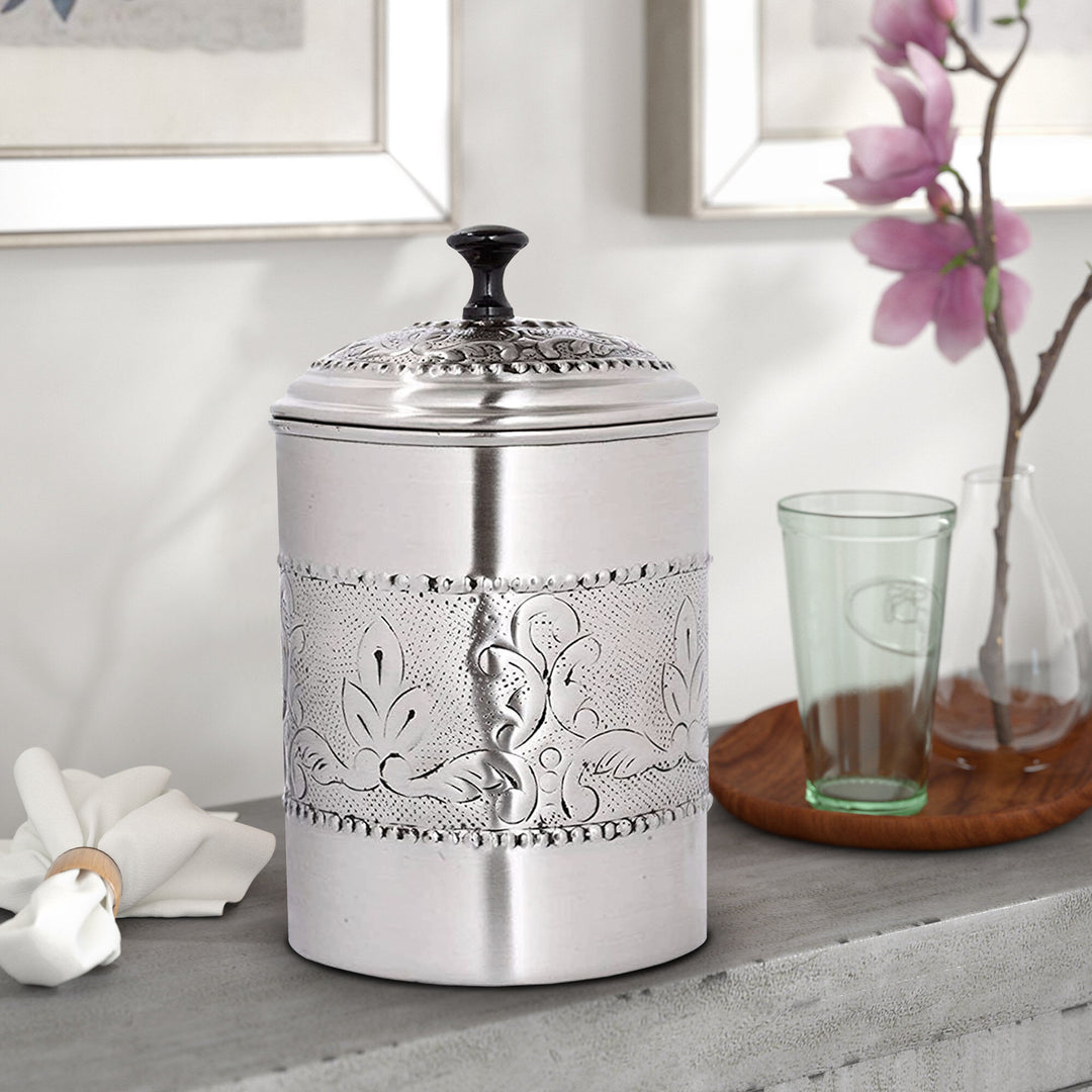Embossed Stainless Steel Canister with Rubber Seal Lid | Antique Pewter Finish | Beautiful Food Storage Container for Kitchen Counter, Tea, Sugar, Coffee, Caddy, Flour Canister