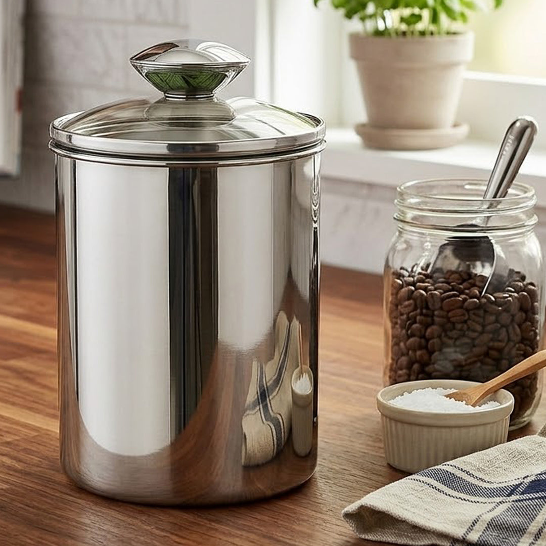 Stainless Steel Food Storage Container with Tempered Glass Lid For Kitchen Counter, Coffee, Tea, Nuts | Shiny Mirror Finish