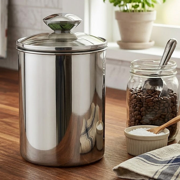 Stainless Steel Food Storage Container with Tempered Glass Lid For Kitchen Counter, Coffee, Tea, Nuts | Shiny Mirror Finish