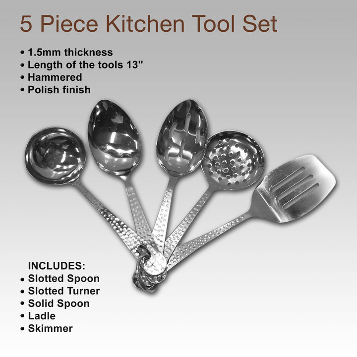 Stainless Steel Kitchen Tool Set of 5 | Slotted Spoon, Slotted Turner, Solid Spoon, Ladle & Skimmer | Shinny Finish
