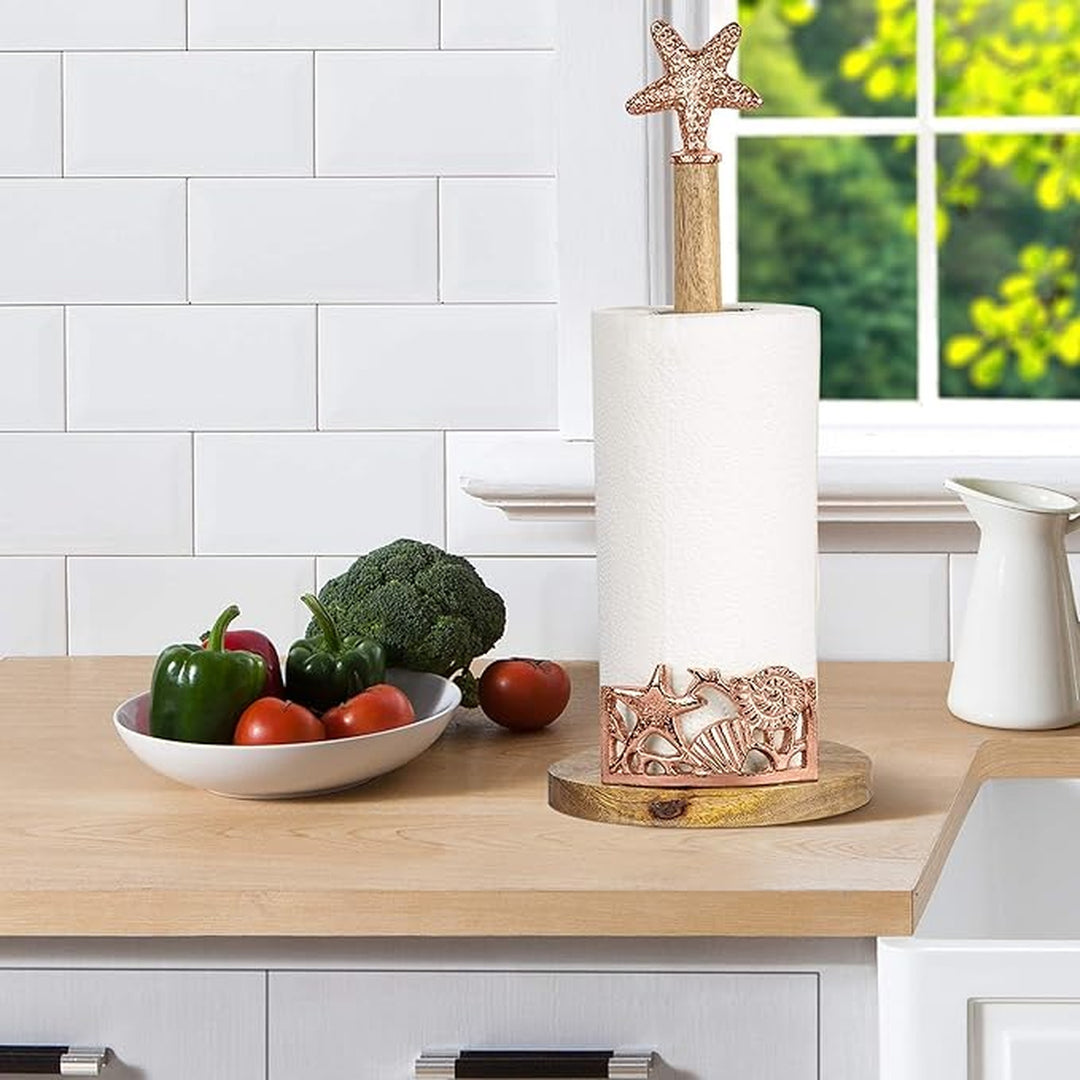 Wood Paper Towel Holder |  Easy One-Handed Tear Kitchen Paper Towel Dispenser with Weighted Base for Standard Paper Towel Rolls