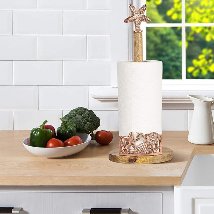 Wood Paper Towel Holder |  Easy One-Handed Tear Kitchen Paper Towel Dispenser with Weighted Base for Standard Paper Towel Rolls