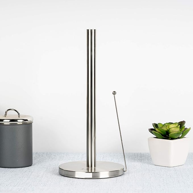 Stainless Steel Paper Towel Holder | Easy One-Handed Tear Kitchen Paper Towel Dispenser with Weighted Base for Standard Paper Towel Rolls | Brushed Finish
