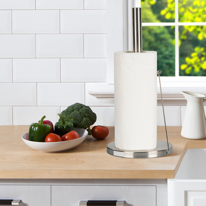 Stainless Steel Paper Towel Holder | Easy One-Handed Tear Kitchen Paper Towel Dispenser with Weighted Base for Standard Paper Towel Rolls | Brushed Finish