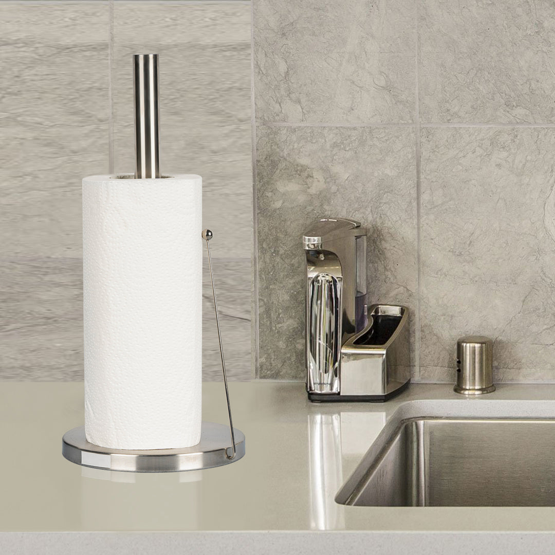 Stainless Steel Paper Towel Holder | Easy One-Handed Tear Kitchen Paper Towel Dispenser with Weighted Base for Standard Paper Towel Rolls | Brushed Finish